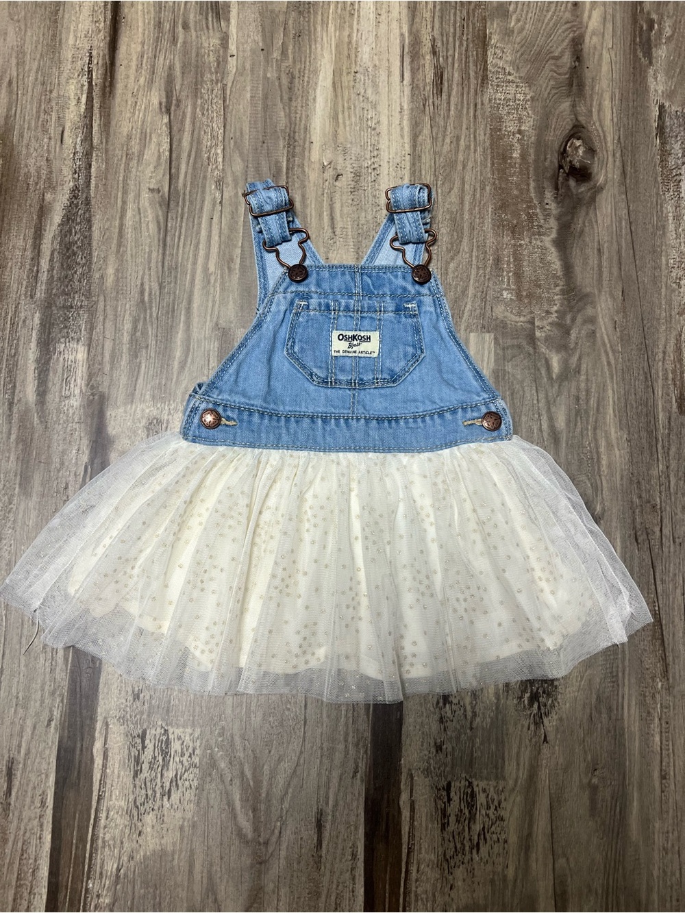 OshKosh B'gosh Denim Cream Tulle Gold Glitter Vestbak Jumper Dress 12M